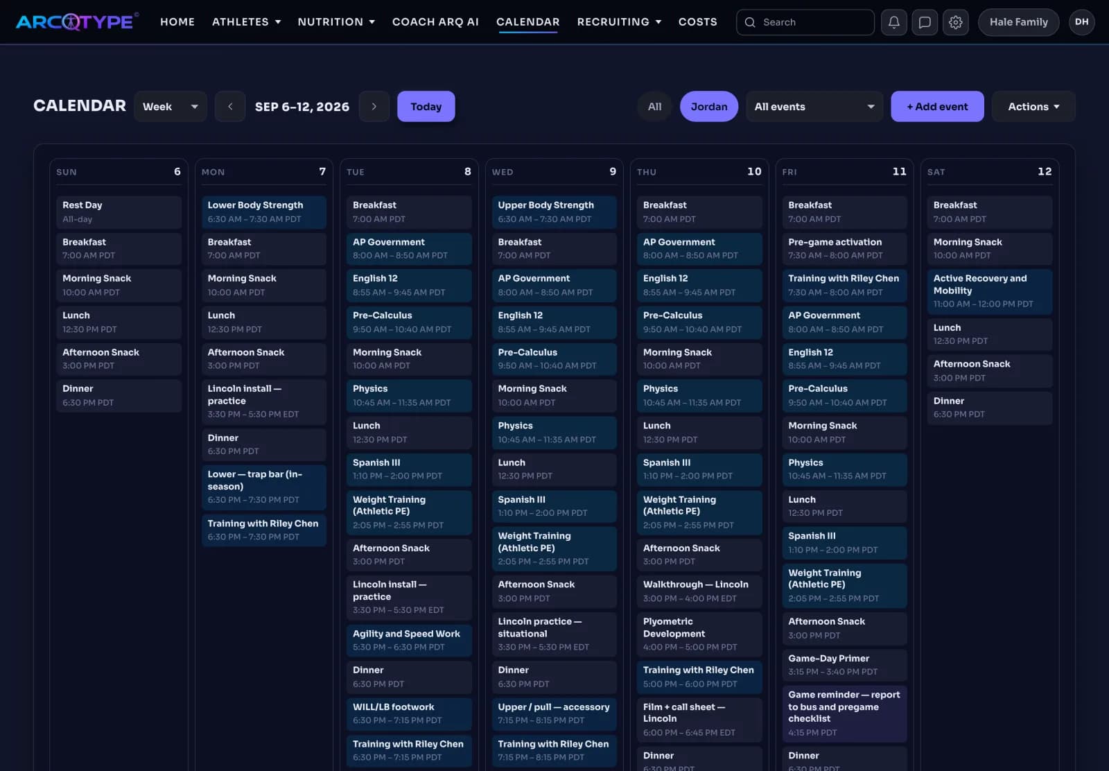 The Parent website Calendar in week view for Sep 6–12, 2026, filtered to Jordan: meals, school classes, strength sessions, team practices and walkthroughs, training with Riley Chen, and a game-day reminder laid out by day, read from the shared schedule.
