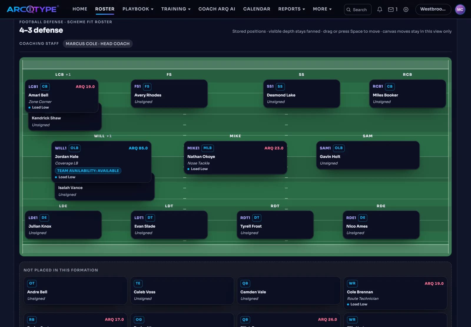 The Coach website Roster page with a 4-3 defense drawn on a football field. Each position holds an athlete card with position, ARCQTYPE, and ARQ Score; Jordan Hale sits at WILL as a Coverage LB with ARQ 85. Athletes not placed in the formation are listed below the field.